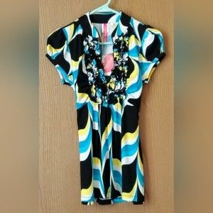 V-Neck Short Sleeve Ruffle Blouse - Blue - Black - Yellow - Women's Size Small
